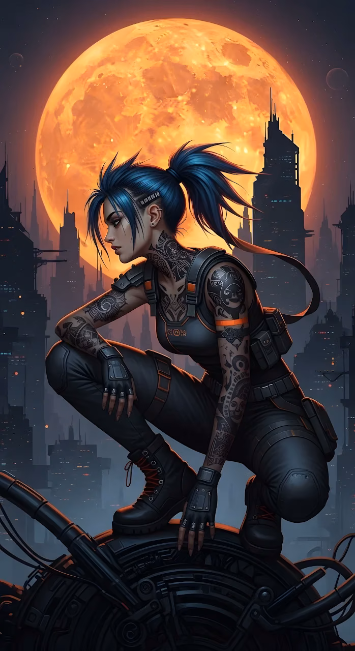 Cyberpunk Assassin Crouching Under Giant Orange Moon Cityscape - Free Mobile AMOLED Wallpaper Background