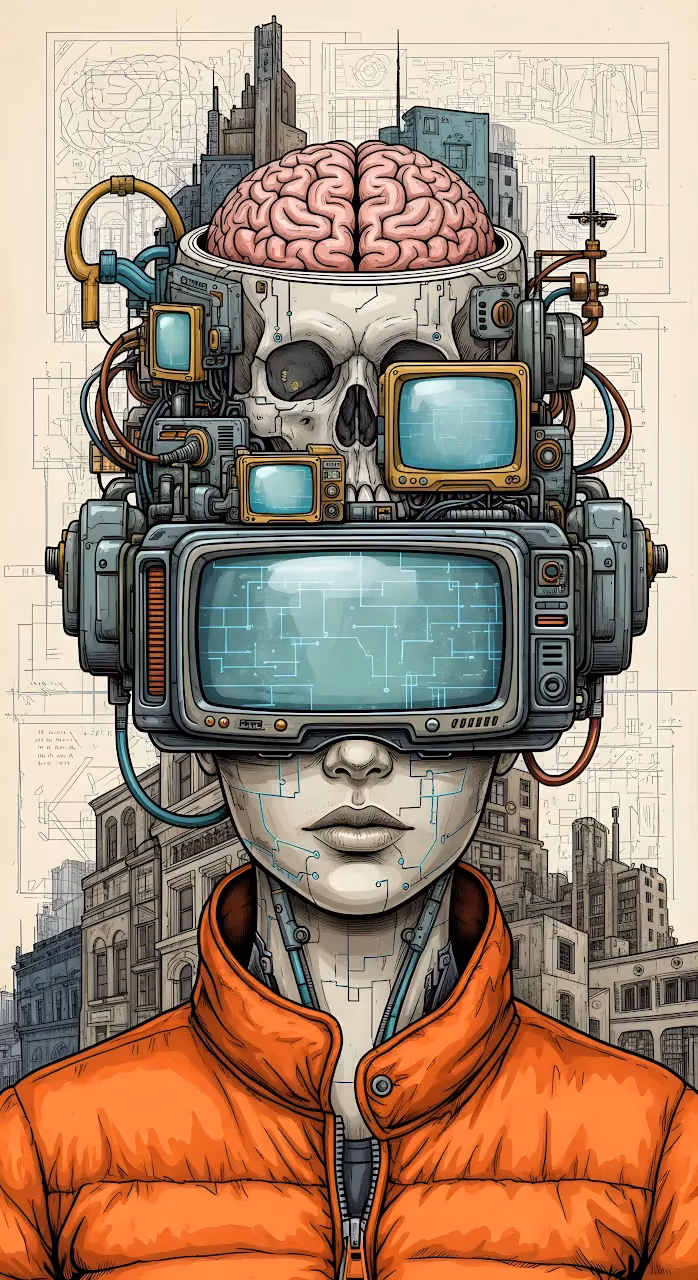Cyberpunk Brain Interface Skull Steampunk Illustration - Free Mobile AMOLED Wallpaper Background