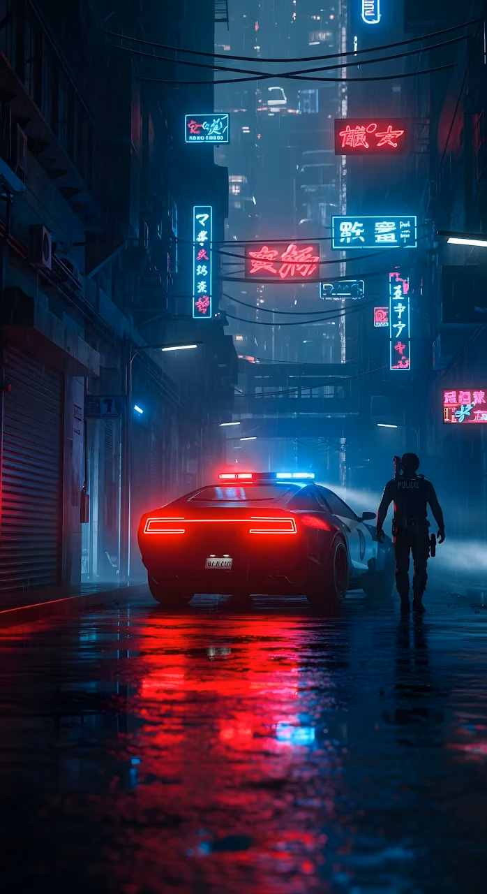 Cyberpunk City Alley Police Car Neon Noir Rainy Scene - Free Mobile AMOLED Wallpaper Background