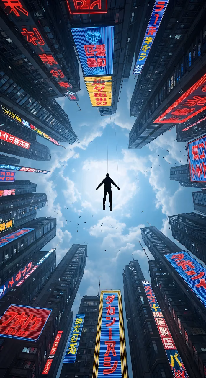 Cyberpunk City Canyon View with Floating Figure and Neon Signs - Free Mobile AMOLED Wallpaper Background