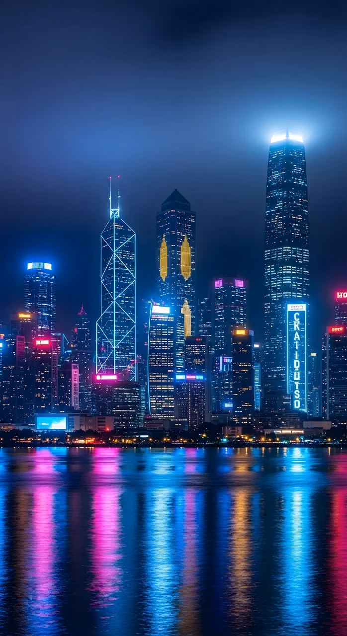 Cyberpunk City Skyline Reflected in Neon Water at Night - Free Mobile AMOLED Wallpaper Background