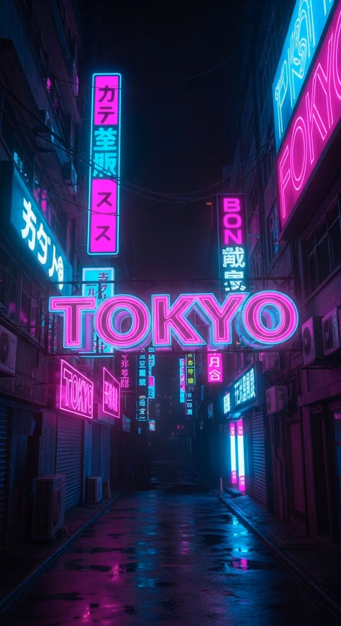 Cyberpunk City Street with Glow Signage - Free Mobile AMOLED Wallpaper Background