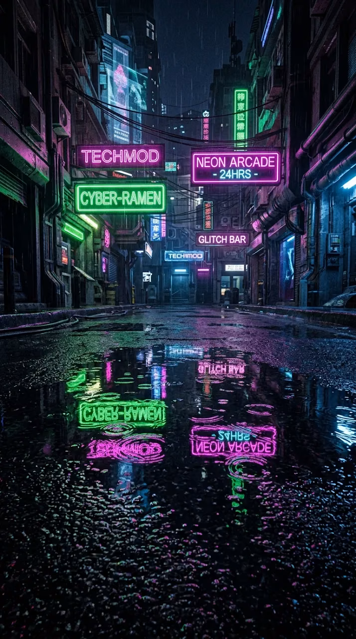 Cyberpunk City Street Reflection in Rain Puddle - Free Mobile AMOLED Wallpaper Background