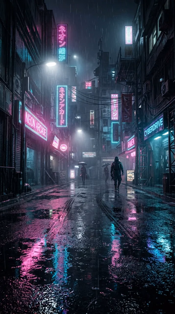 Cyberpunk City Street in the Rain with Neon Light Reflections - Free Mobile AMOLED Wallpaper Background