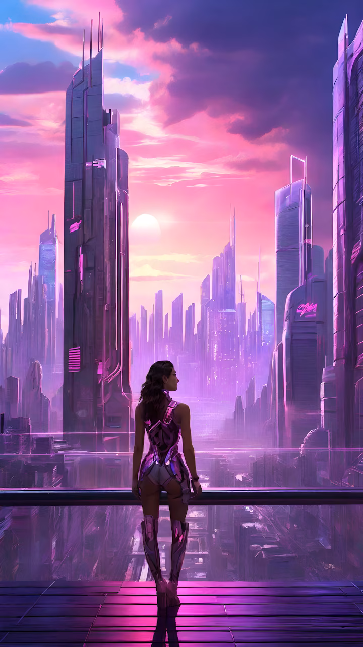 Cyberpunk City View Pink Neon Synthwave Aesthetic Woman - Free Mobile AMOLED Wallpaper Background