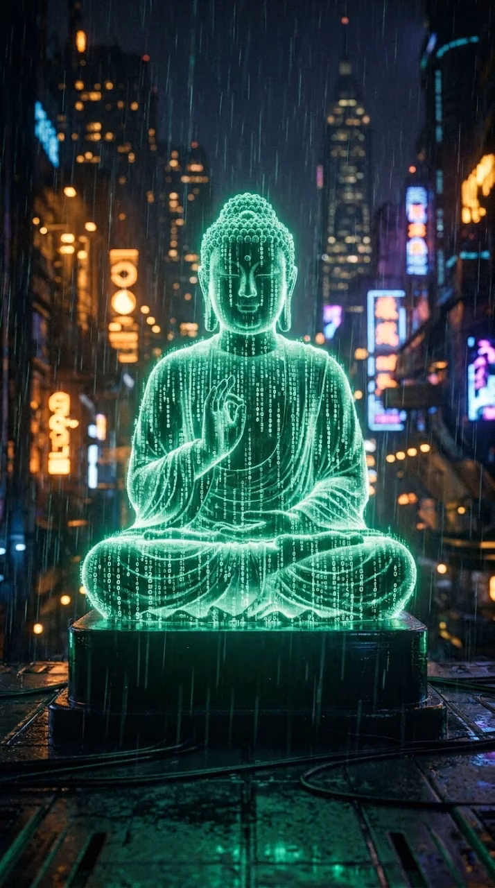 Cyberpunk Digital Buddha Statue with Glowing Green Data Streams - Free Mobile AMOLED Wallpaper Background