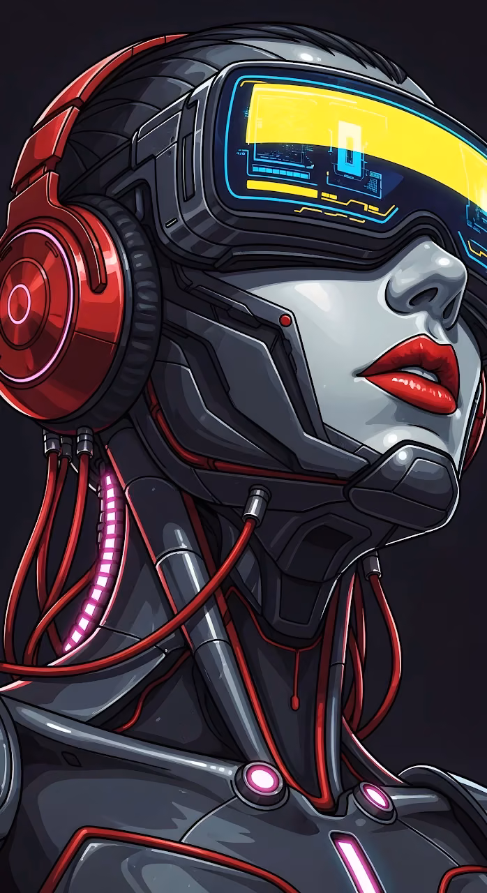 Download Cyberpunk Female Cyborg Wearing VR Headset Illustration Wallpaper in Mobile HD Cyberpunk Female Cyborg Wearing VR Headset Illustration - Free Mobile AMOLED Wallpaper Background
