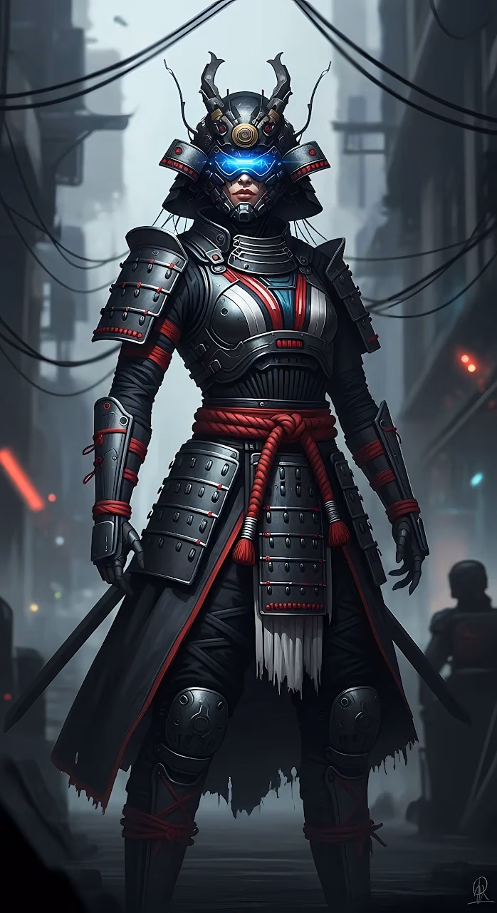 Download Cyberpunk Female Samurai Warrior in Neon Armor Wallpaper in Mobile HD Cyberpunk Female Samurai Warrior in Neon Armor - Free Mobile AMOLED Wallpaper Background
