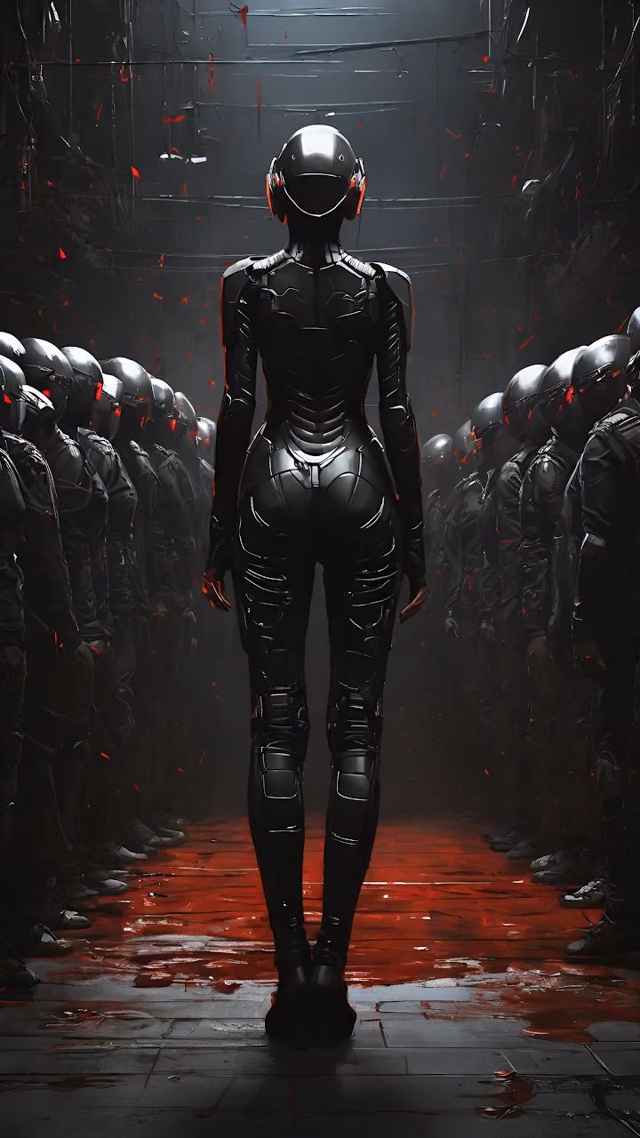 Cyberpunk Female Soldier in Black Armor Red Floor Scene - Free Mobile AMOLED Wallpaper Background