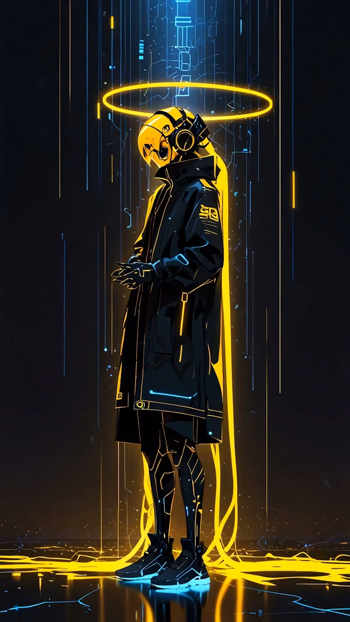 Cyberpunk figure with glowing yellow halo and neon lines - Free Mobile AMOLED Wallpaper Background