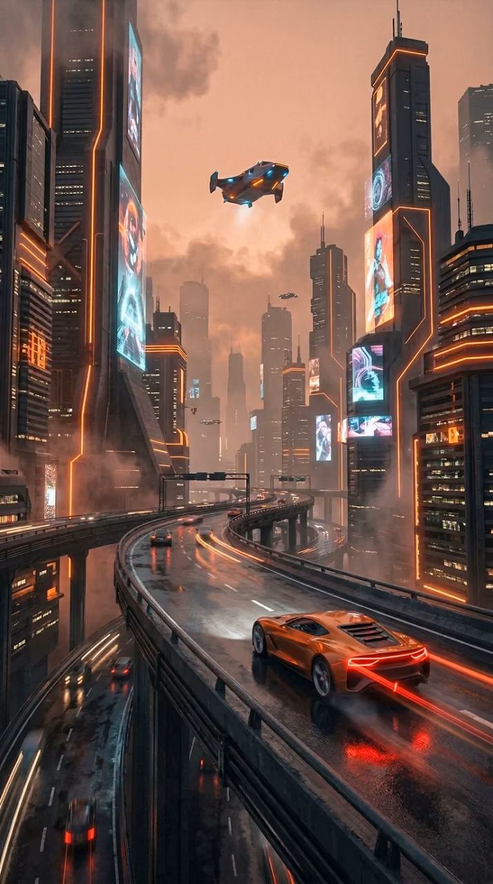 Download Cyberpunk Flying Car Driving on Futuristic City Highway Wallpaper in Mobile HD Cyberpunk Flying Car Driving on Futuristic City Highway - Free Mobile AMOLED Wallpaper Background