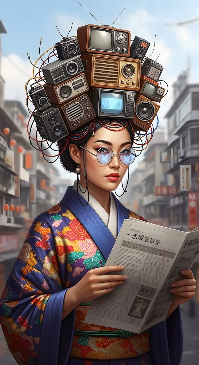 Cyberpunk Geisha with Vintage Media Headdress - Free Mobile AMOLED Wallpaper Background