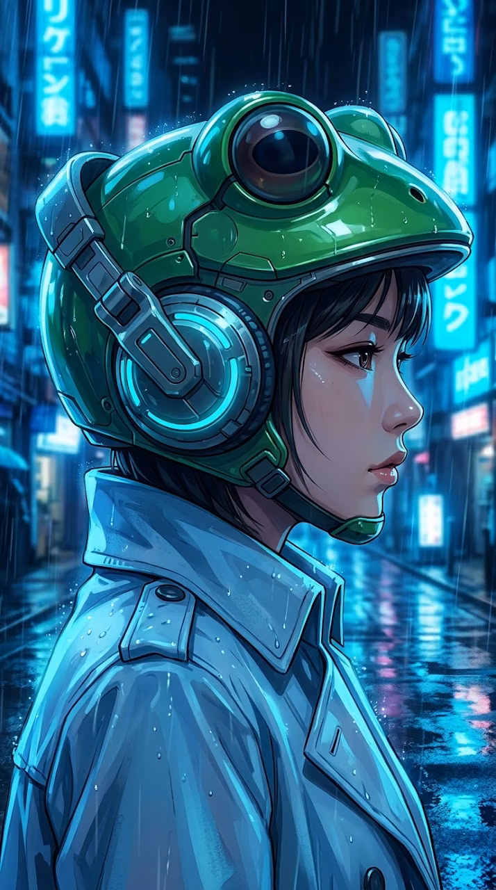 Cyberpunk Girl with Frog Helmet - Free Mobile AMOLED Wallpaper Background