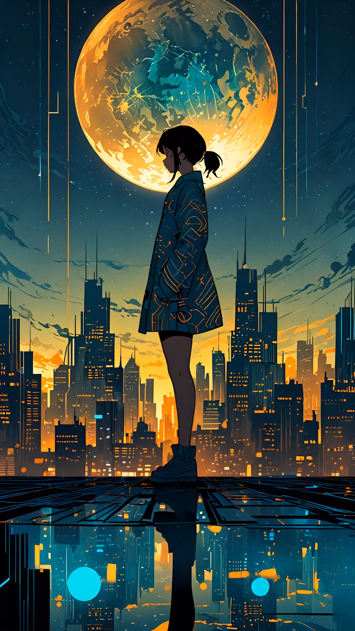 Cyberpunk Girl Silhouette Under Giant Orange Moon Cityscape - Free Mobile AMOLED Wallpaper Background