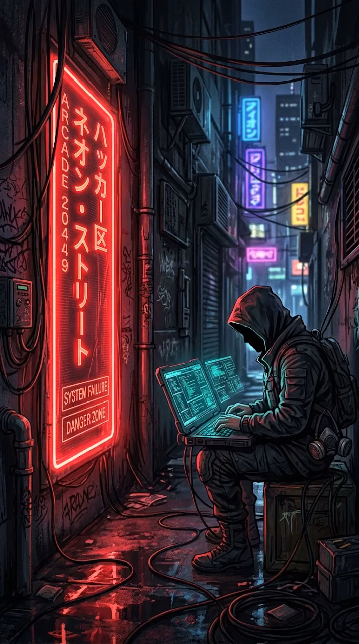 Cyberpunk Illustration of a Hooded Figure with Laptop in a Neon Alley - Free Mobile AMOLED Wallpaper Background