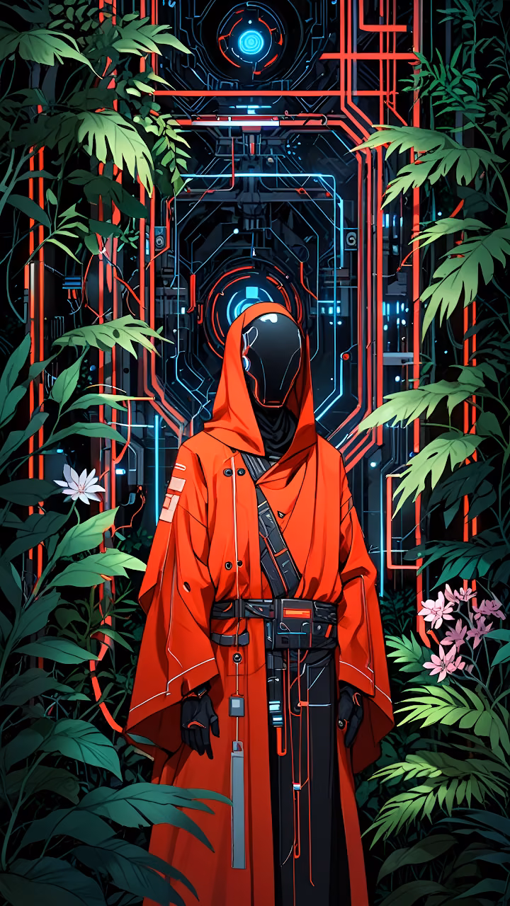 Download Cyberpunk Jungle Monk Red Robe Digital Gateway Wallpaper in Mobile HD Cyberpunk Jungle Monk Red Robe Digital Gateway - Free Mobile AMOLED Wallpaper Background