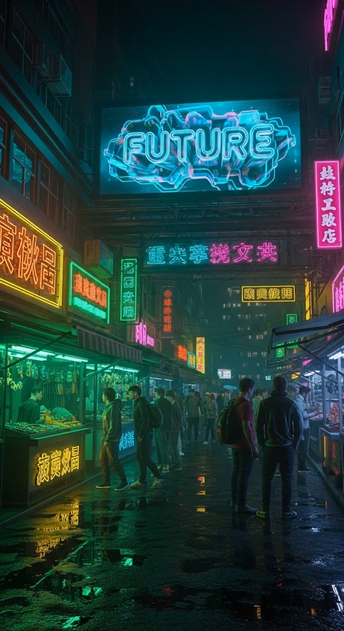 Cyberpunk Marketplace with Digital Advertising - Free Mobile AMOLED Wallpaper Background