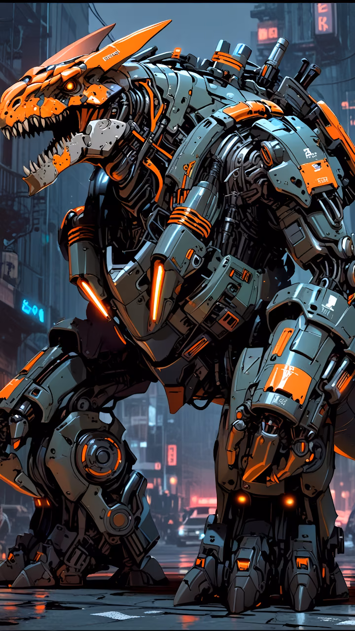 Cyberpunk Mecha Dinosaur T Rex City Street Art - Free Mobile AMOLED Wallpaper Background