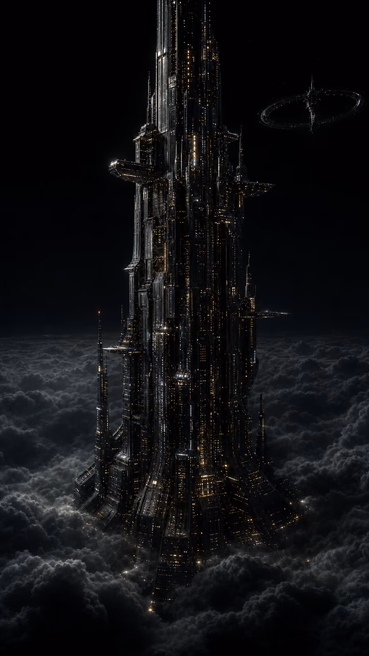 Download Cyberpunk Megastructure Towering Above Clouds Wallpaper Wallpaper in Mobile HD Cyberpunk Megastructure Towering Above Clouds Wallpaper - Free Mobile AMOLED Wallpaper Background