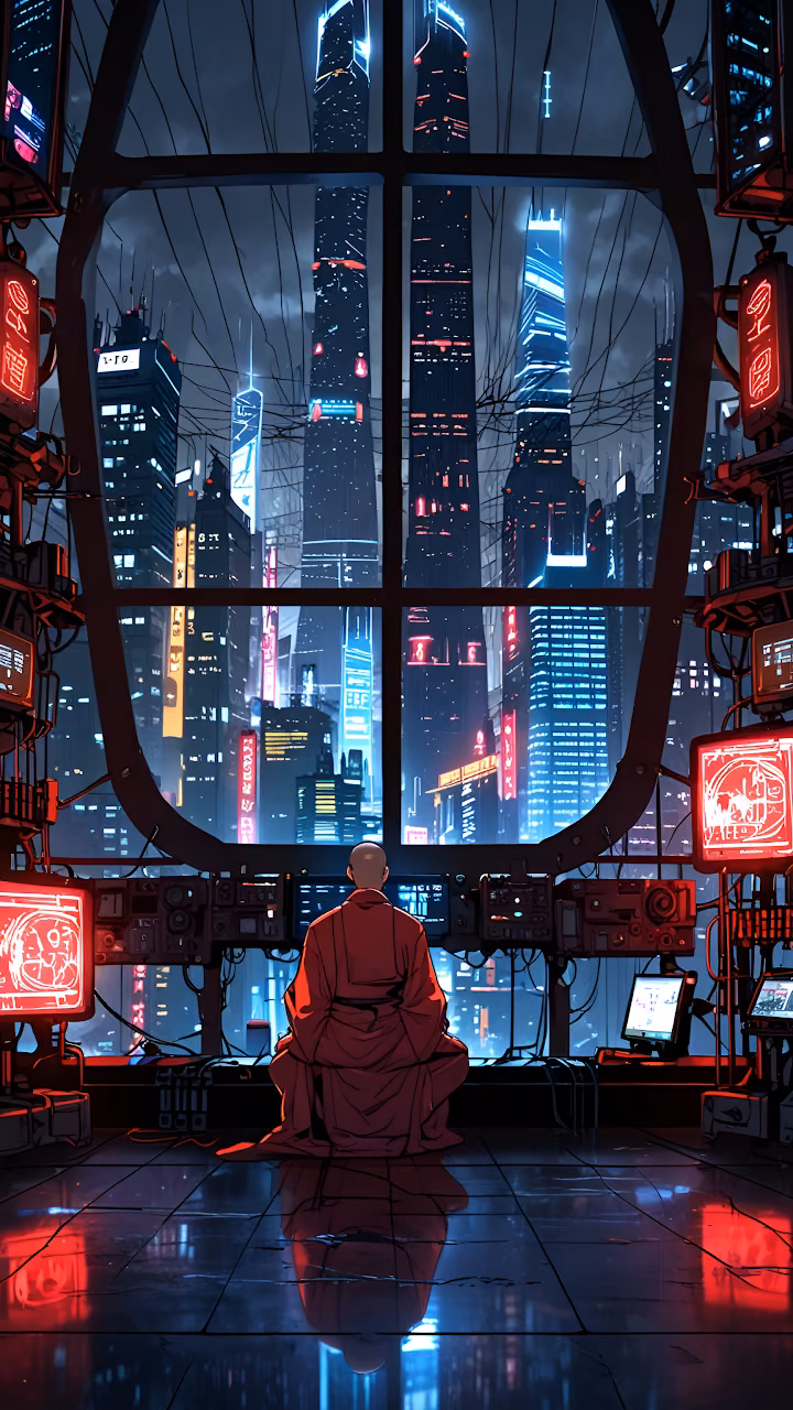 Cyberpunk Monk Meditating Over Neon City Skyline - Free Mobile AMOLED Wallpaper Background