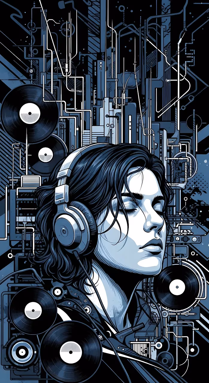 Cyberpunk Music Listener with Vinyl Records Illustration - Free Mobile AMOLED Wallpaper Background