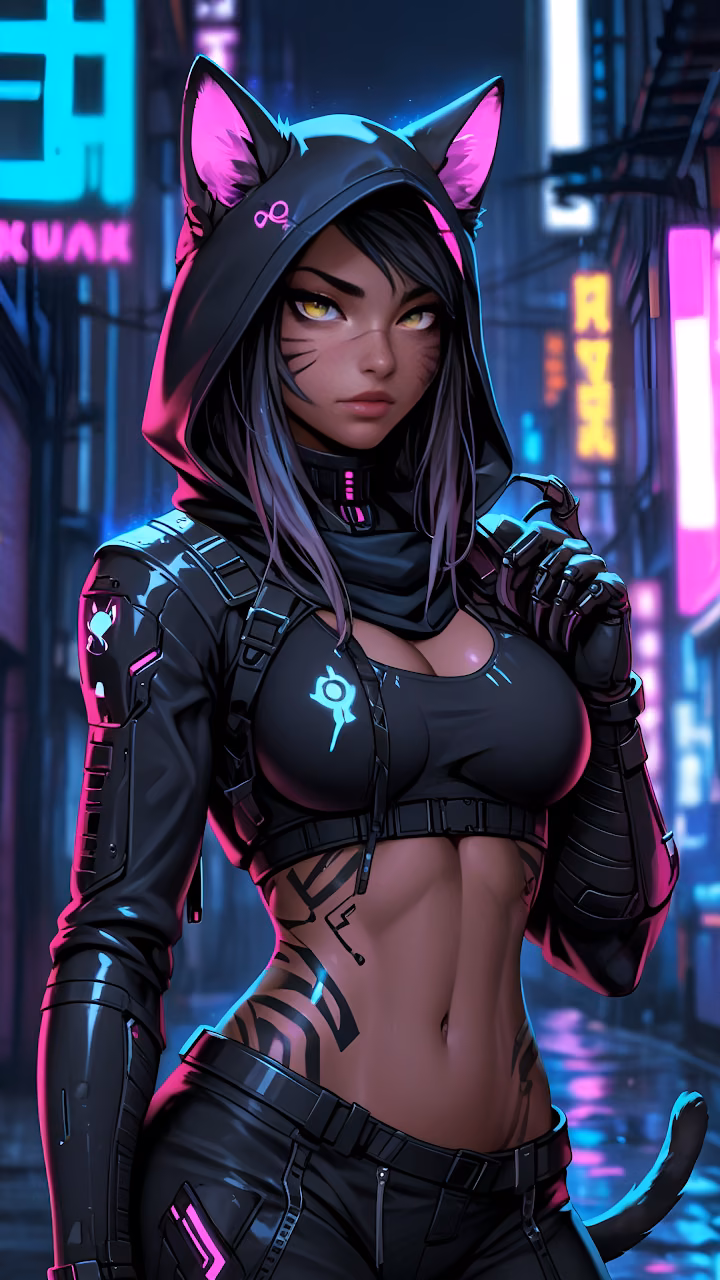 Cyberpunk Nekomimi Girl Neon City Alley - Free Mobile AMOLED Wallpaper Background