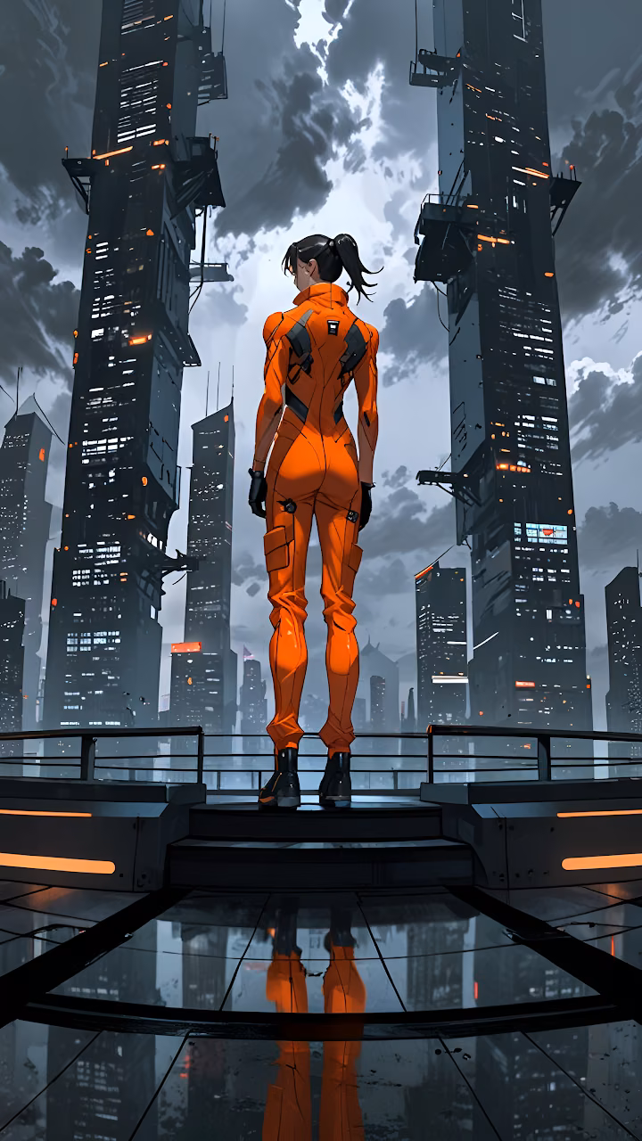 Cyberpunk Pilot Orange Jumpsuit Futuristic City View - Free Mobile AMOLED Wallpaper Background