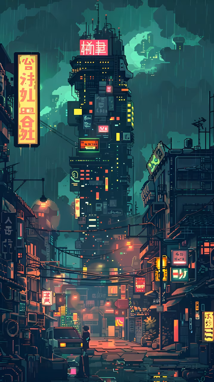 Cyberpunk Pixel Art Rainy Street Neon Tower - Free Mobile AMOLED Wallpaper Background