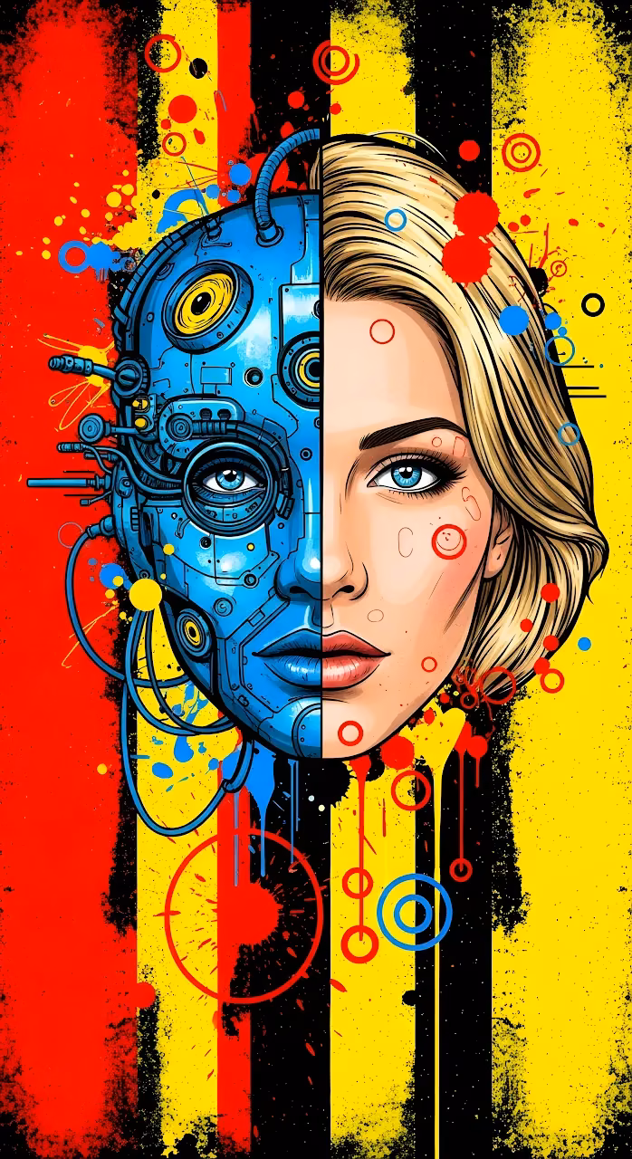 Download Cyberpunk Pop Art Split Face Human Robot Illustration Wallpaper in Mobile HD Cyberpunk Pop Art Split Face Human Robot Illustration - Free Mobile AMOLED Wallpaper Background