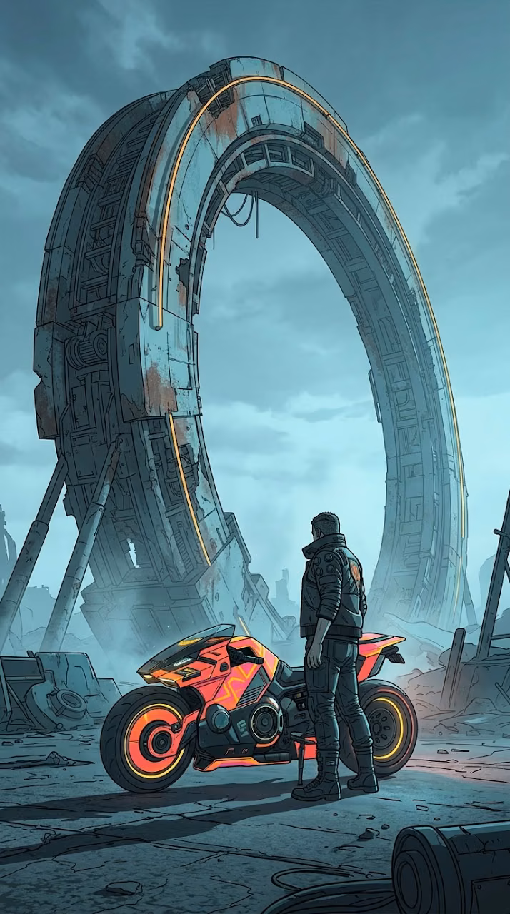 Cyberpunk Rider and Portal Gate - Free Mobile AMOLED Wallpaper Background