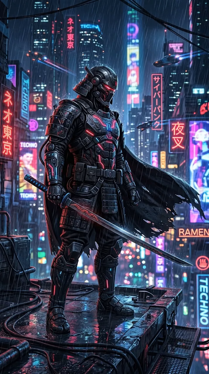 Cyberpunk Samurai Illustration in Full Armor with Glowing Neon Accents - Free Mobile AMOLED Wallpaper Background