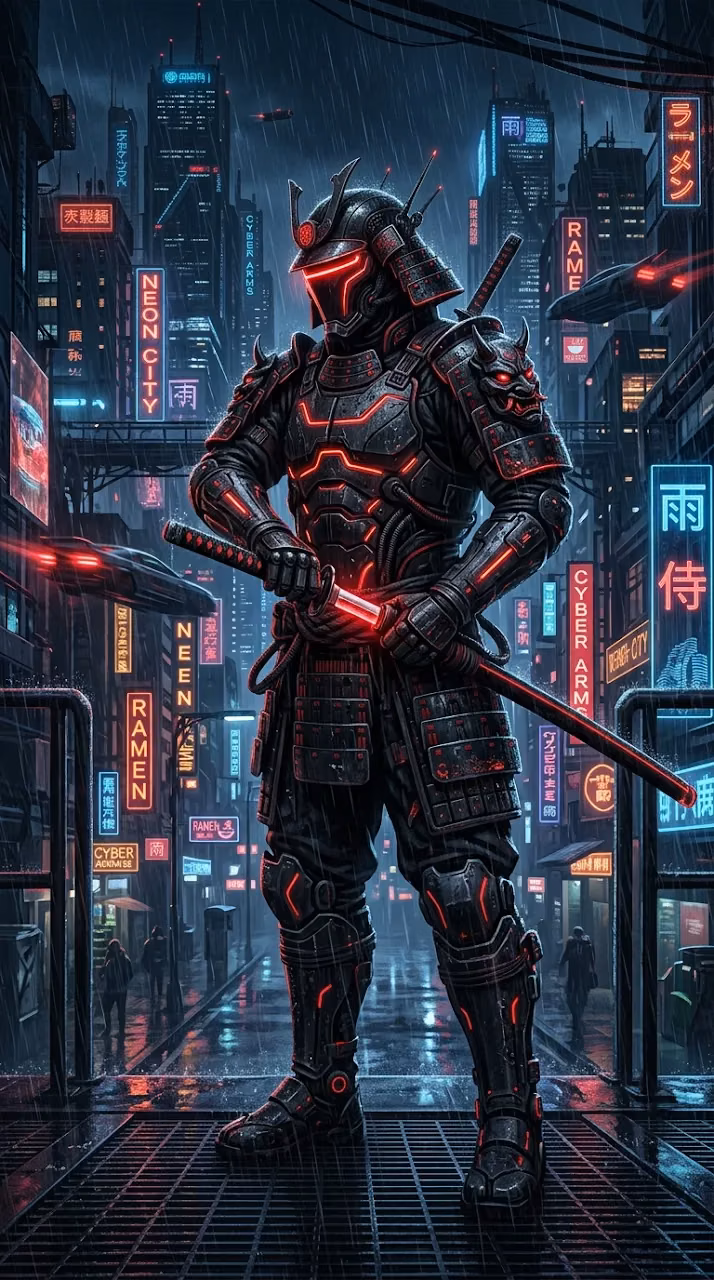 Cyberpunk Samurai Illustration in Black Armor with Glowing Red Neon Accents - Free Mobile AMOLED Wallpaper Background