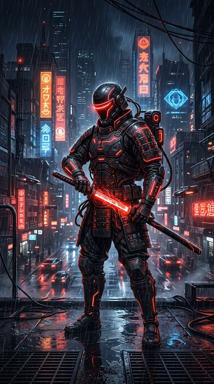 Download Cyberpunk Samurai Illustration in Black Armor with Glowing Red Neon Highlights Wallpaper in Mobile HD Cyberpunk Samurai Illustration in Black Armor with Glowing Red Neon Highlights - Free Mobile AMOLED Wallpaper Background
