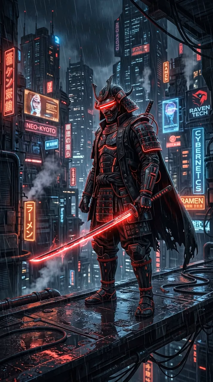 Download Cyberpunk Samurai Illustration in Black Armor with Glowing Red Neon Accents Wallpaper in Mobile HD Cyberpunk Samurai Illustration in Black Armor with Glowing Red Neon Accents - Free Mobile AMOLED Wallpaper Background