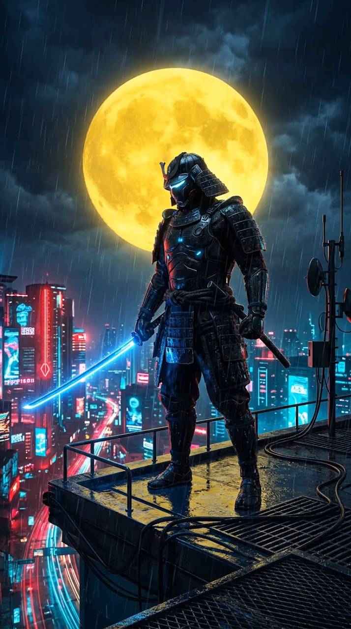 Cyberpunk Samurai on a Rainy Skyscraper Roof at Night - Free Mobile AMOLED Wallpaper Background