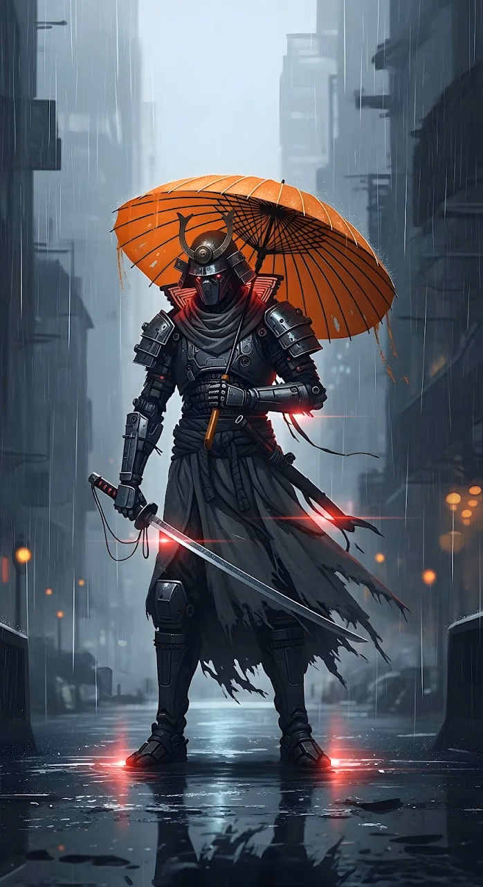 Download Cyberpunk Samurai Warrior with Orange Umbrella in Rain Wallpaper in Mobile HD Cyberpunk Samurai Warrior with Orange Umbrella in Rain - Free Mobile AMOLED Wallpaper Background