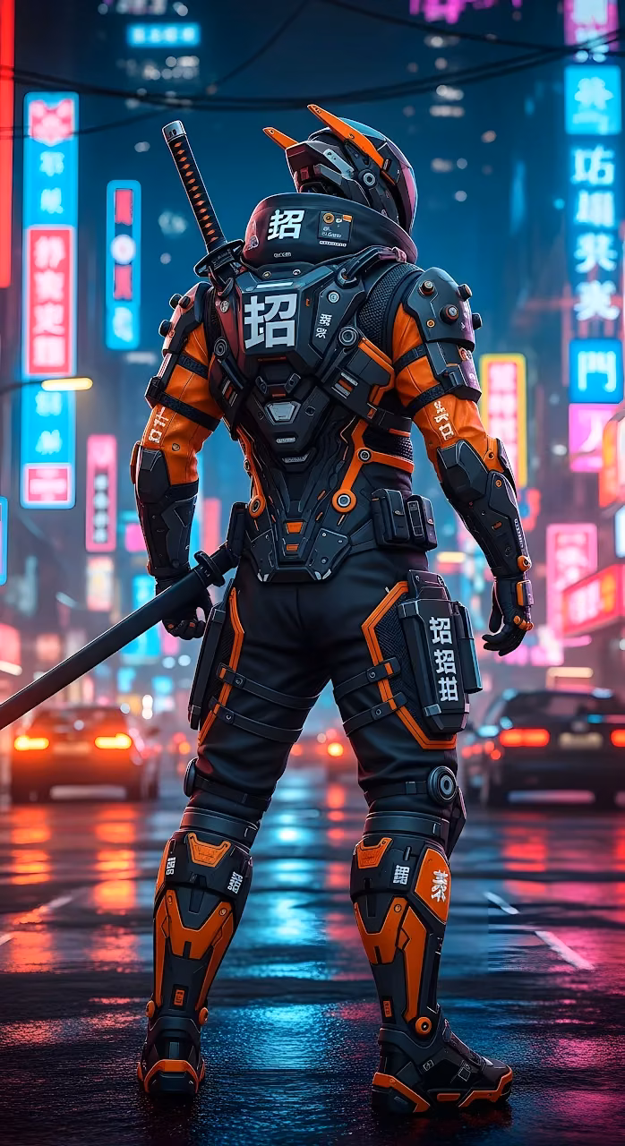 Download Cyberpunk Samurai Warrior in Neon Japanese City Night Wallpaper in Mobile HD Cyberpunk Samurai Warrior in Neon Japanese City Night - Free Mobile AMOLED Wallpaper Background
