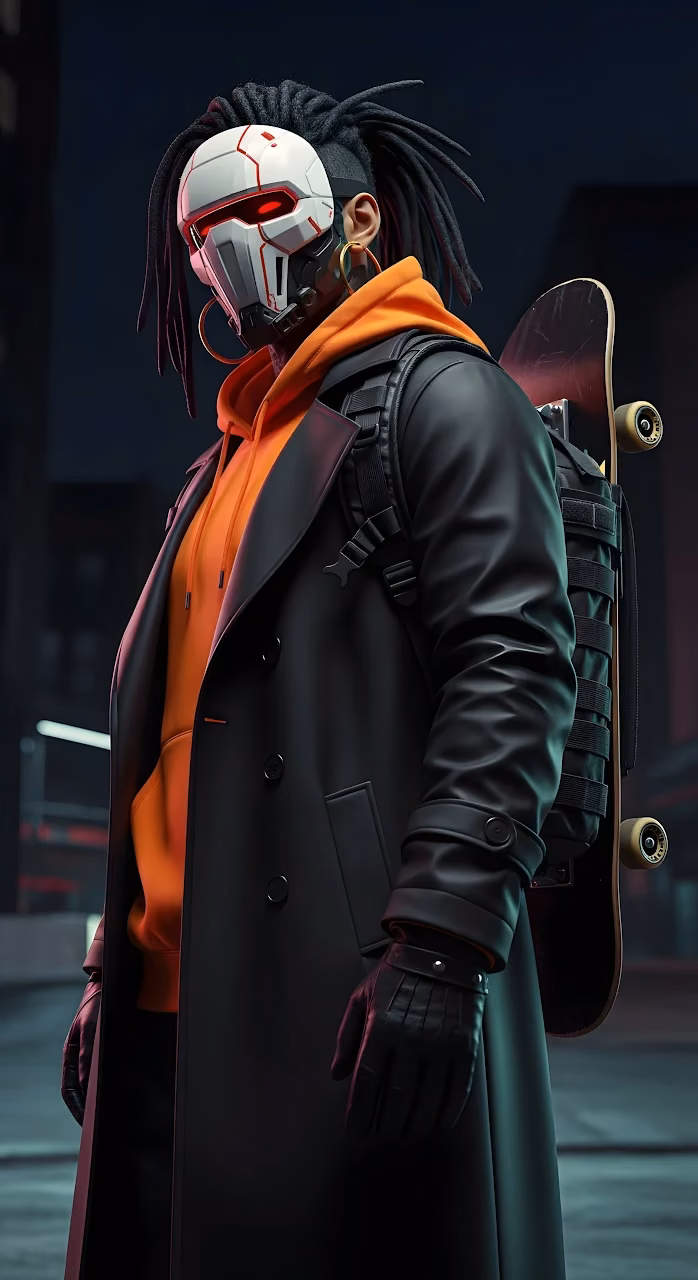 Cyberpunk Skater Trench Coat Futuristic Mask Dreadlocks - Free Mobile AMOLED Wallpaper Background