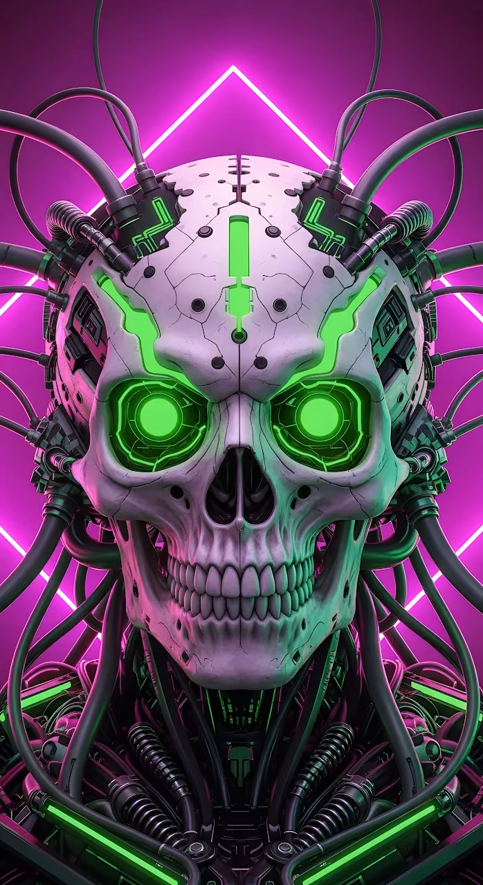 Cyberpunk Skull with Neon Green Eyes and Magenta Lighting - Free Mobile AMOLED Wallpaper Background