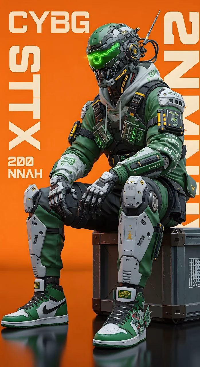 Cyberpunk Soldier in Green Tactical Gear and Sneakers - Free Mobile AMOLED Wallpaper Background