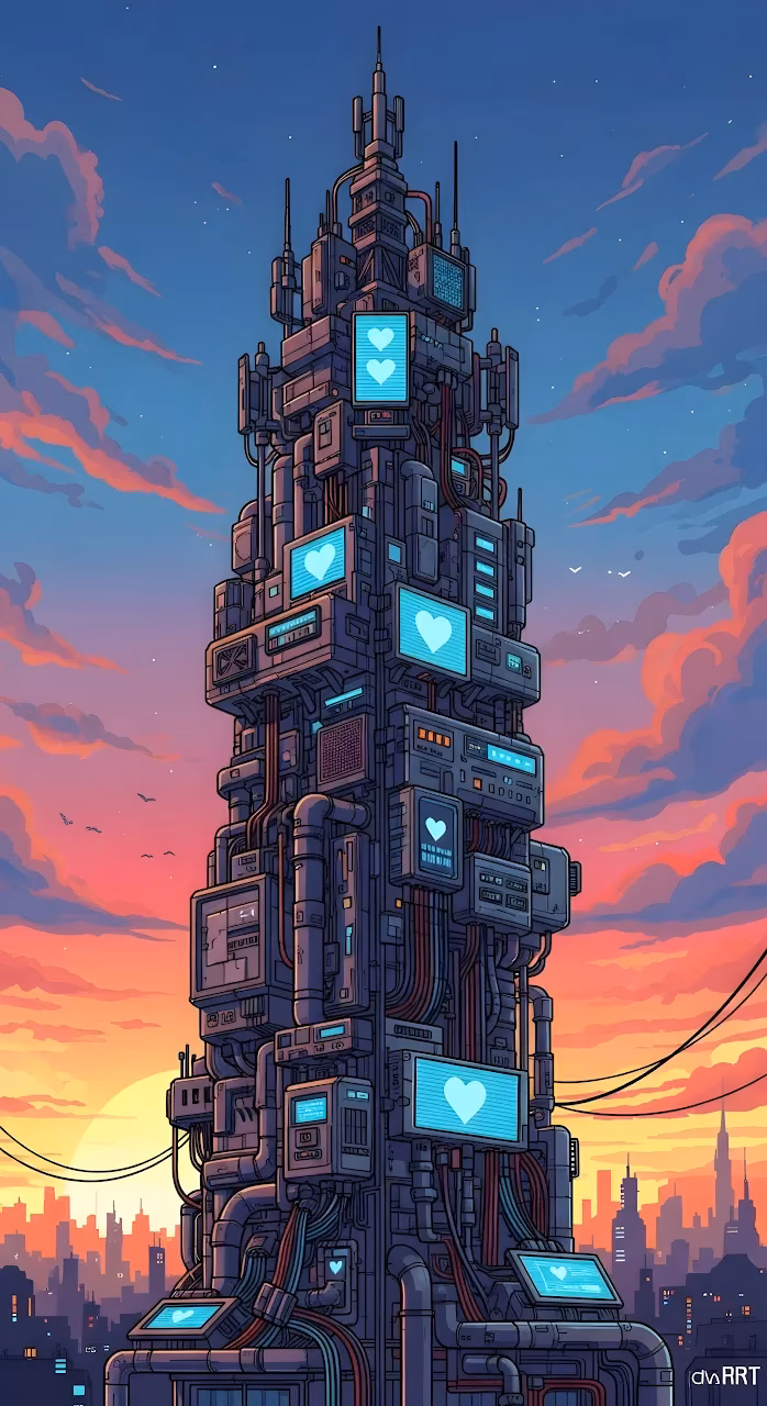 Download Cyberpunk Tower with Glowing Hearts and Sunset Sky Wallpaper in Mobile HD Cyberpunk Tower with Glowing Hearts and Sunset Sky - Free Mobile AMOLED Wallpaper Background