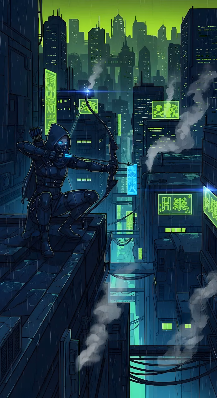 Cyberpunk Vigilante Archer on Rainy Neon City Rooftop - Free Mobile AMOLED Wallpaper Background