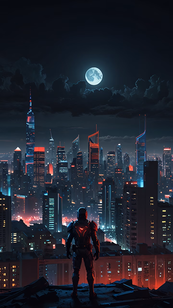Cyberpunk Vigilante Over Neon Cityscape Under Full Moon - Free Mobile AMOLED Wallpaper Background