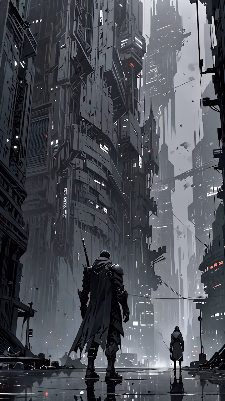 Cyberpunk Warriors in Rainy Alley Between Towering Buildings - Free Mobile AMOLED Wallpaper Background