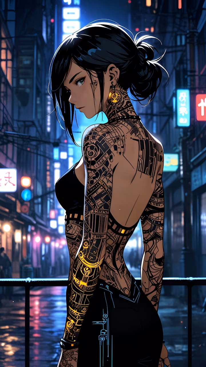 Cyberpunk Woman Biomechanical Tattoos Neon Cityscape - Free Mobile AMOLED Wallpaper Background