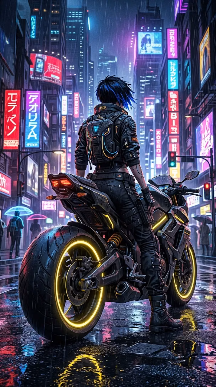 Download Cyberpunk Woman on Futuristic Motorcycle in Rainy City Wallpaper in Mobile HD Cyberpunk Woman on Futuristic Motorcycle in Rainy City - Free Mobile AMOLED Wallpaper Background