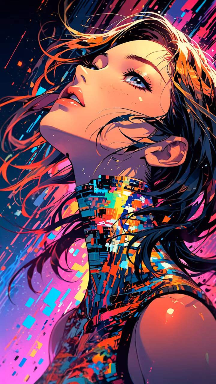 Download Cyberpunk Woman with Glowing Pixelated Collar and Neon Hair Wallpaper in Mobile HD Cyberpunk Woman with Glowing Pixelated Collar and Neon Hair - Free Mobile AMOLED Wallpaper Background