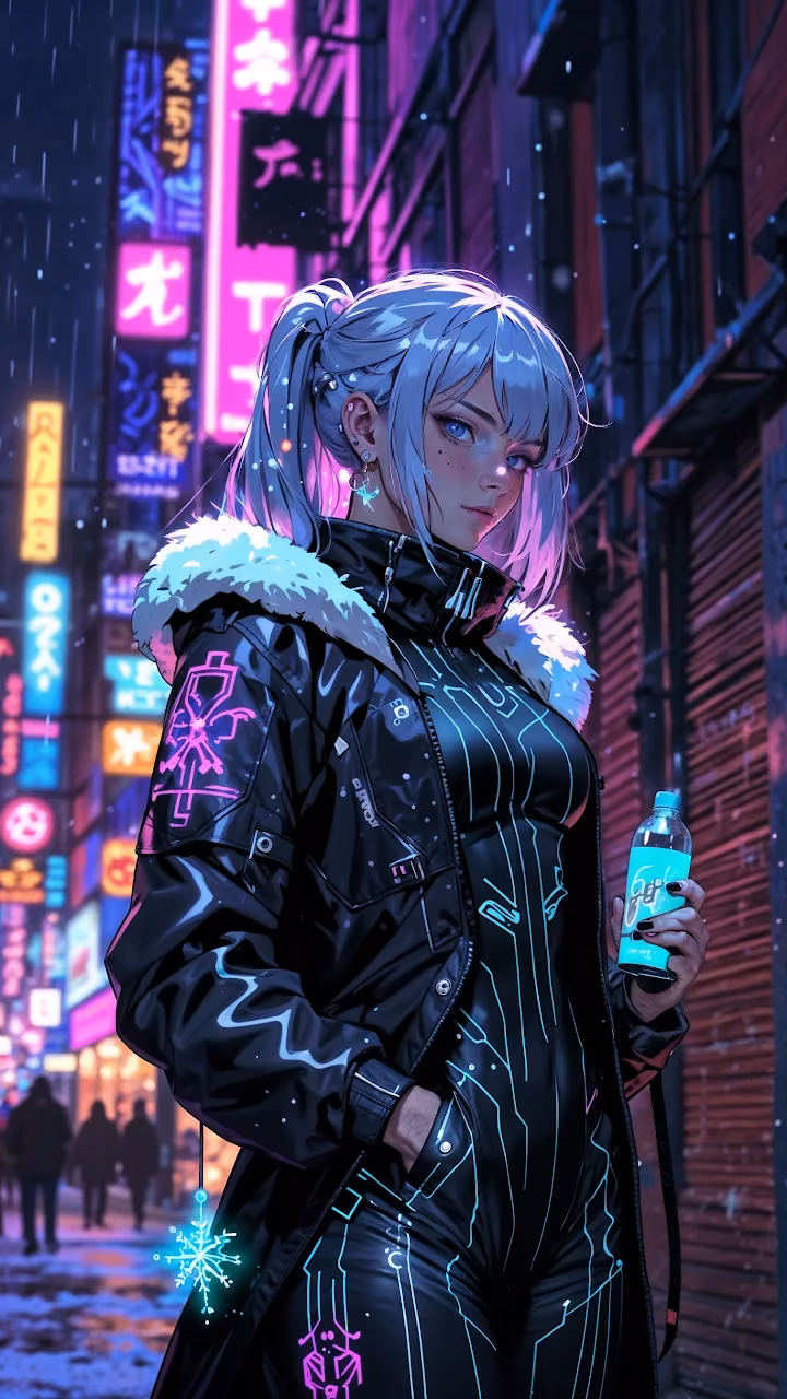 Download Cyberpunk Woman with Glowing Jacket in Rain Wallpaper in Mobile HD Cyberpunk Woman with Glowing Jacket in Rain - Free Mobile AMOLED Wallpaper Background