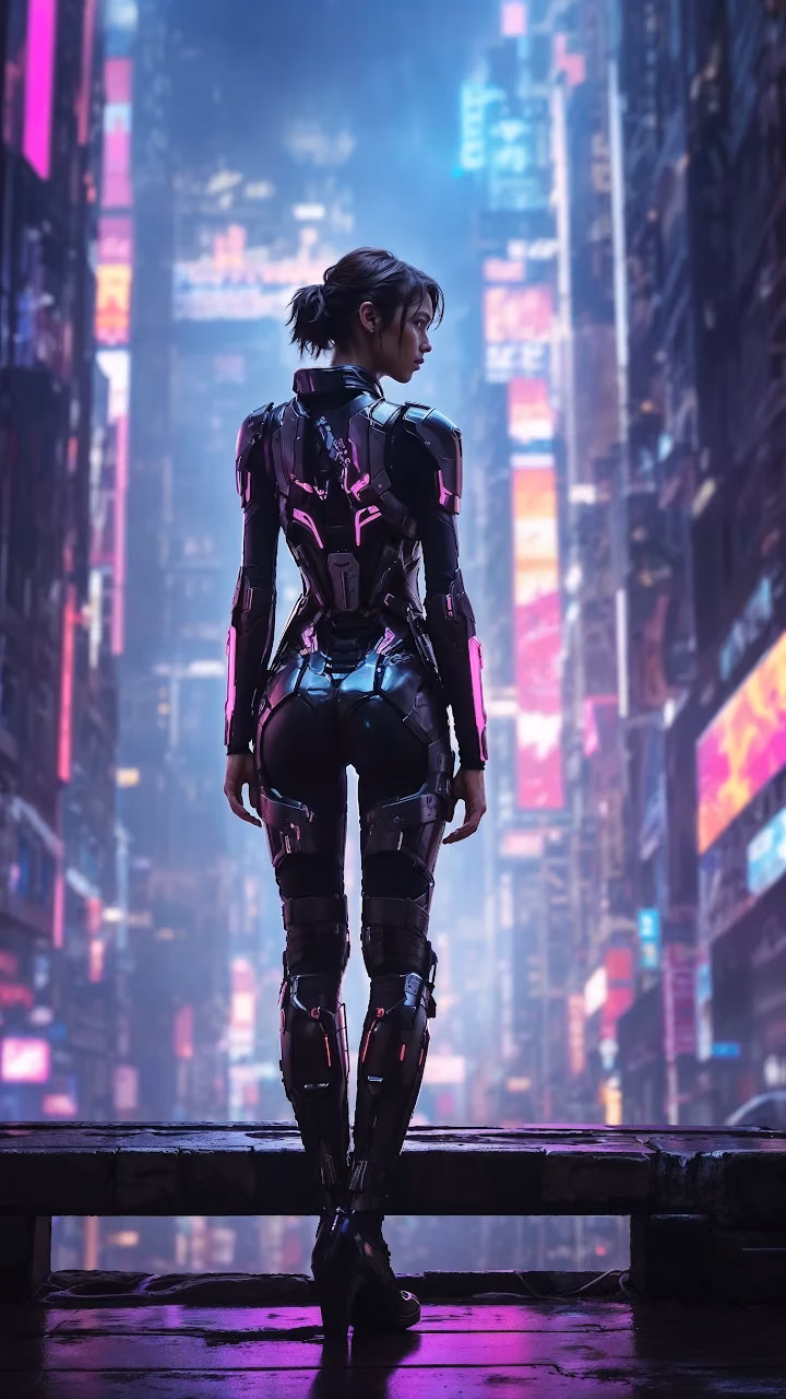 Cyberpunk Woman in Neon City at Night - Free Mobile AMOLED Wallpaper Background
