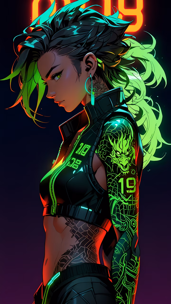 Cyberpunk Woman with Neon Green Hair and Dragon Tattoo - Free Mobile AMOLED Wallpaper Background
